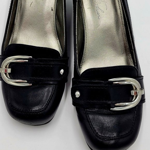 MARC FISHER Black Leather Wedge Shoes Silver Buckle Square Heel SZ 8.5 - Picture 3 of 5